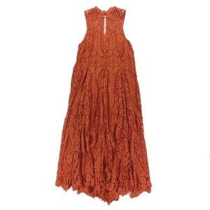 FREE PEOPLE Angel Rays Sheer Lace Trapeze Midi Dress Rust Copper Ethereal Boho